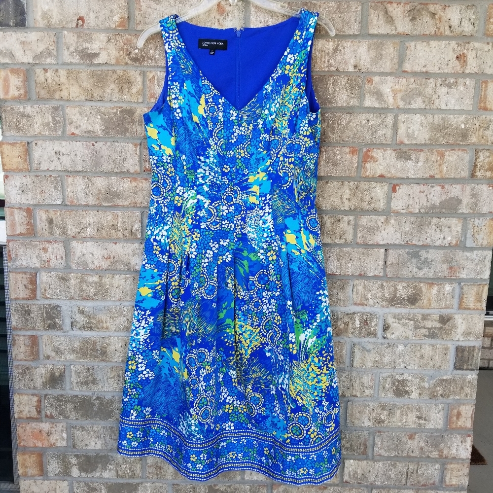 Jones New York  Blue Green Floral V Neck Stretch Classic Midi ALine Dress Size 8